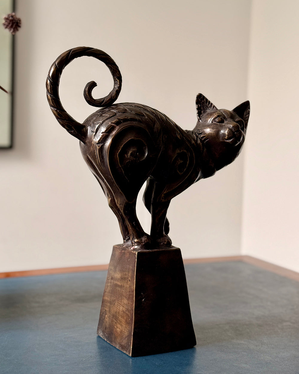 Bronze Lyra Cat On A Plinth In A Home Setting