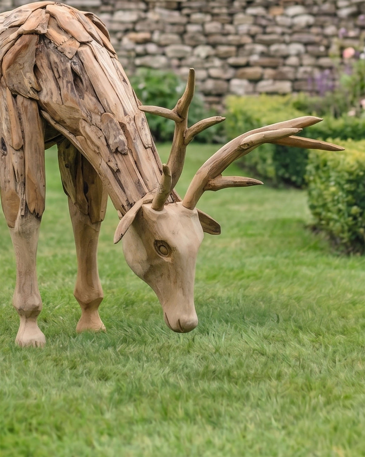 Close Up of The Face From The Driftwood Grazing Stag Sculpture